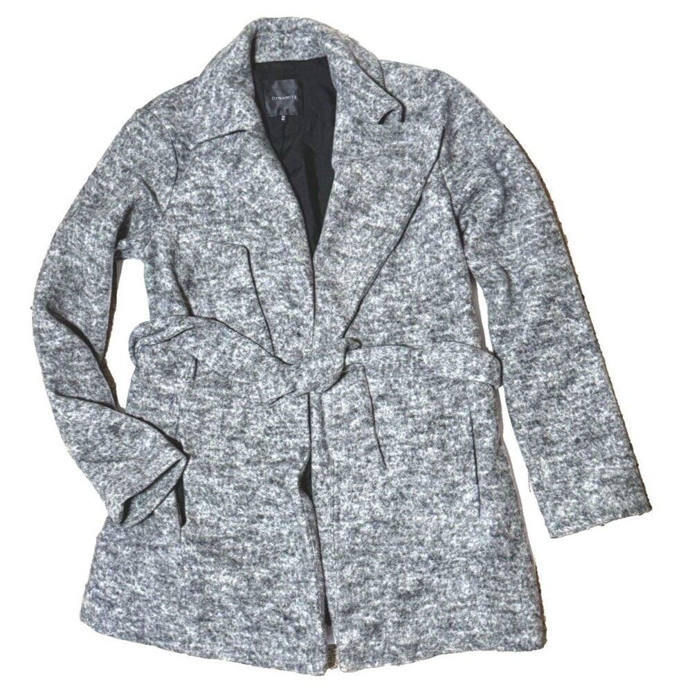 Dynamite Open Front Coat Mid Length Belt Pockets Heather Gray Cozy Neutral Small